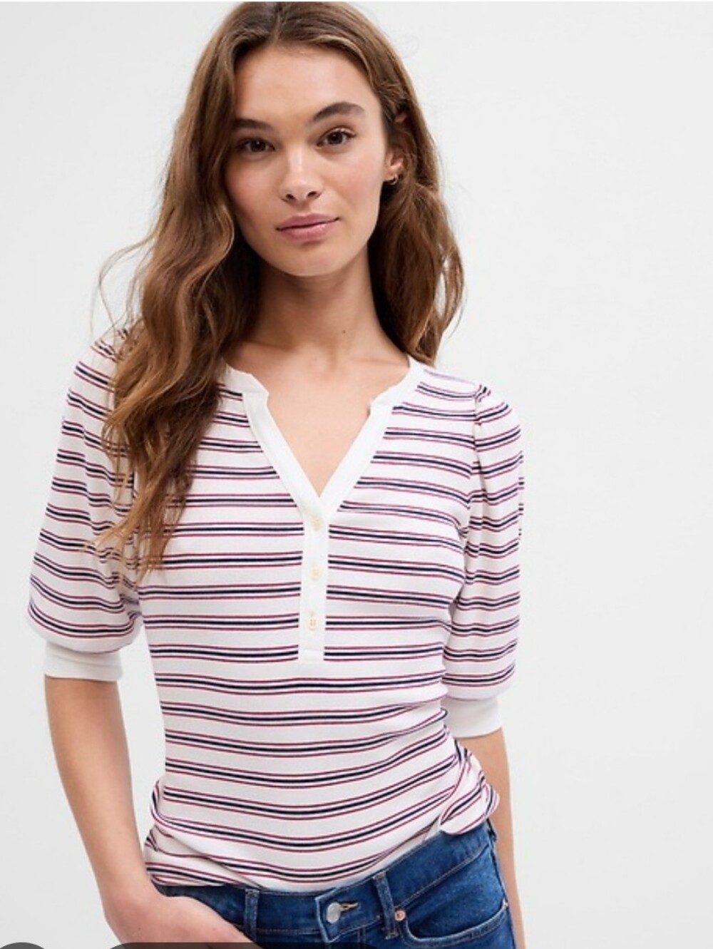 GAP White Short Sleeve Henley Tee W/ Stripes- Large
